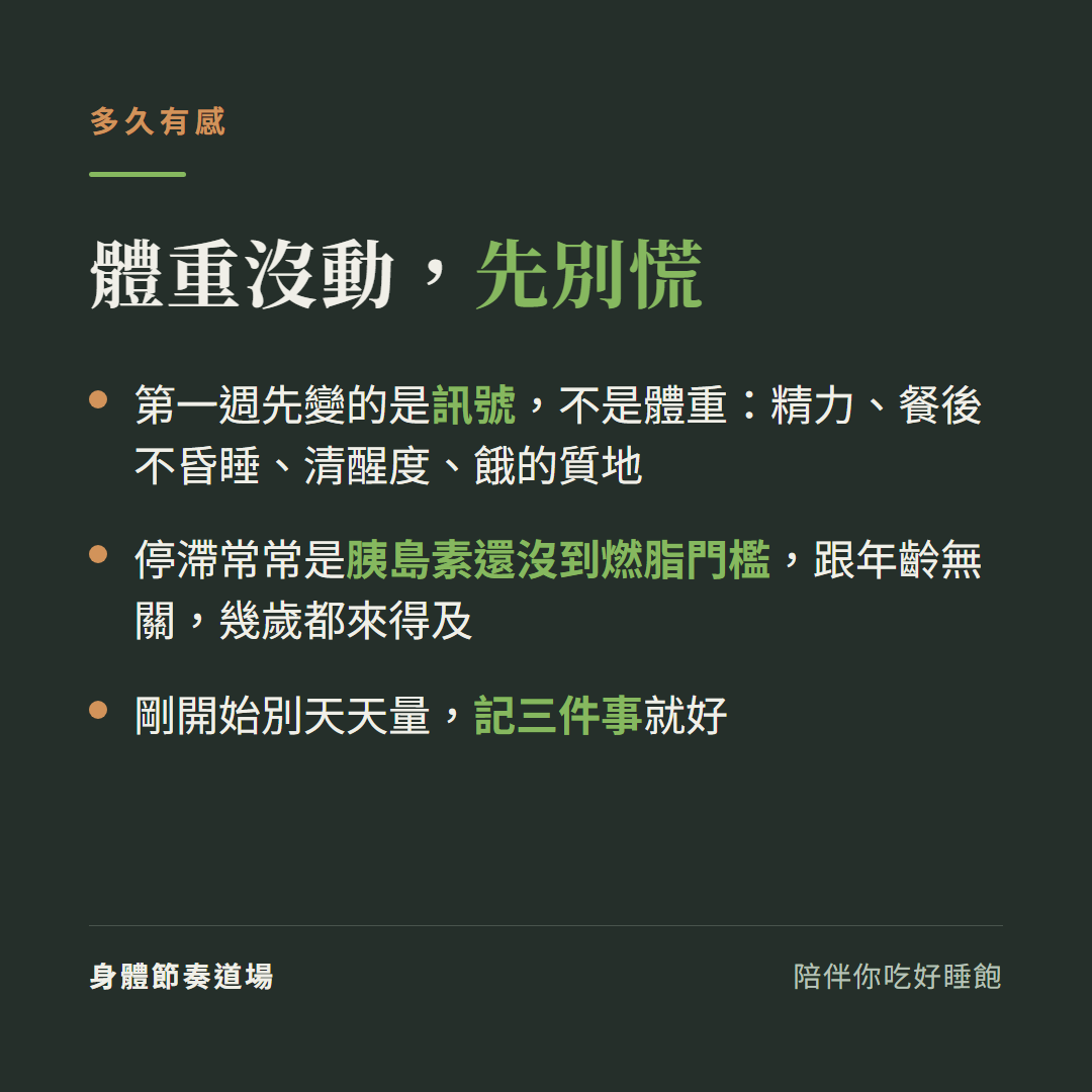 168 斷食多久有感:第一週先變的是精力等訊號不是體重,體重停滯常是胰島素還沒到燃脂門檻、跟年齡無關