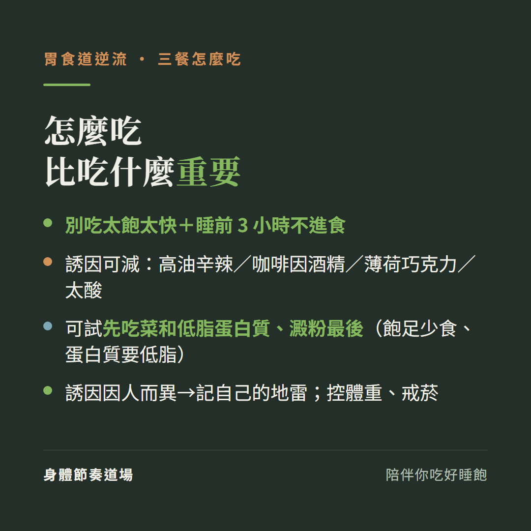 胃食道逆流怎麼吃比吃什麼重要:別吃太飽太快加睡前三小時不進食、誘因可減高油辛辣咖啡因酒精薄荷巧克力太酸、可試先吃菜和低脂蛋白質澱粉最後飽足少食蛋白質要低脂、誘因因人而異記自己的地雷控體重戒菸