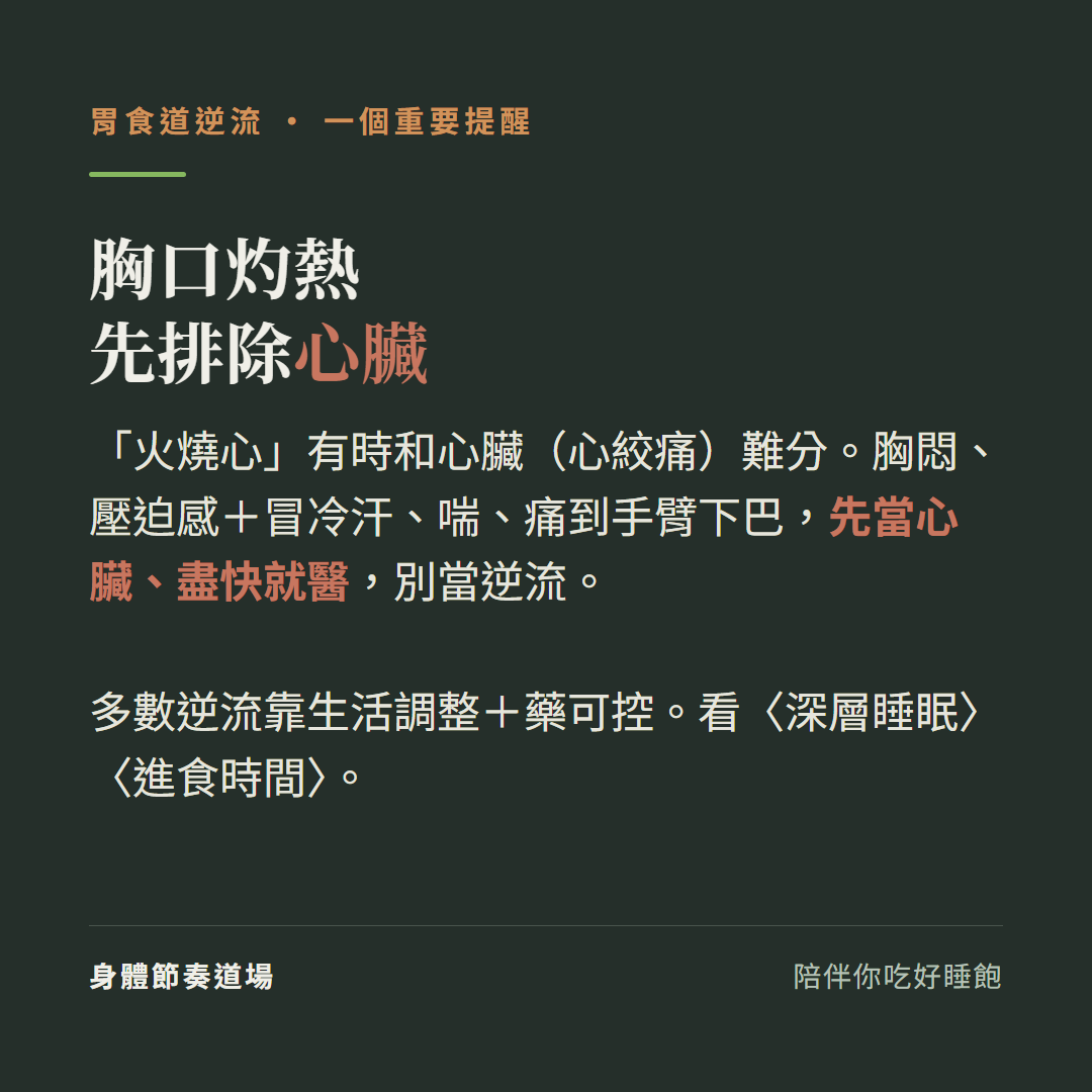 胃食道逆流胸口灼熱先排除心臟:火燒心有時和心臟心絞痛難分、胸悶壓迫感加冒冷汗喘痛到手臂下巴先當心臟盡快就醫別當逆流、多數逆流靠生活調整加藥可控、看深層睡眠看進食時間