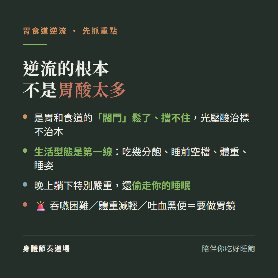 胃食道逆流重點逆流的根本不是胃酸太多:是胃和食道的閥門鬆了擋不住光壓酸治標不治本、生活型態是第一線吃幾分飽睡前空檔體重睡姿、晚上躺下特別嚴重還偷走你的睡眠、吞嚥困難體重減輕吐血黑便要做胃鏡