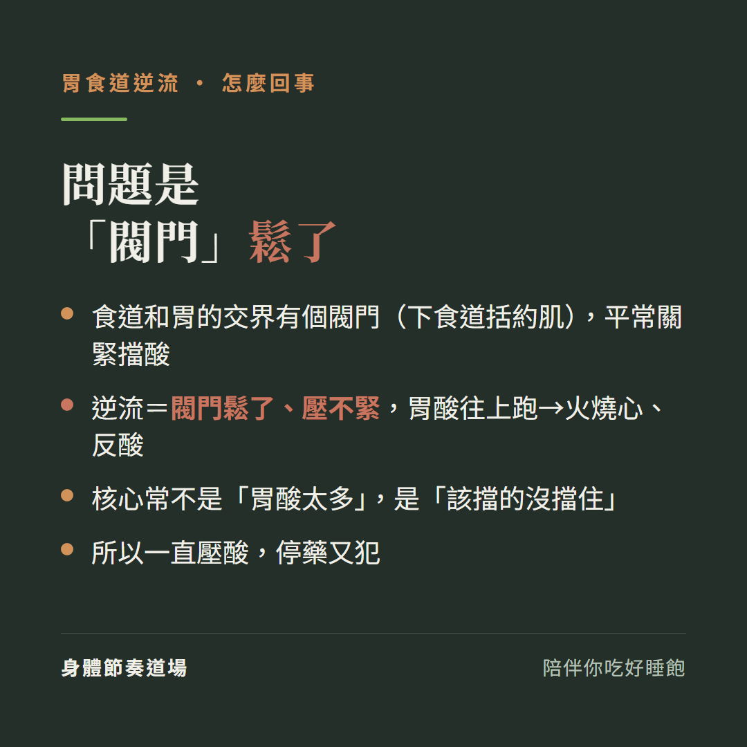 胃食道逆流問題是閥門鬆了:食道和胃的交界有個閥門下食道括約肌平常關緊擋酸、逆流等於閥門鬆了壓不緊胃酸往上跑造成火燒心反酸、核心常不是胃酸太多是該擋的沒擋住、所以一直壓酸停藥又犯