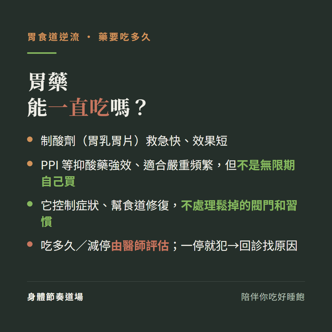 胃食道逆流胃藥能一直吃嗎:制酸劑胃乳胃片救急快效果短、PPI等抑酸藥強效適合嚴重頻繁但不是無限期自己買、它控制症狀幫食道修復不處理鬆掉的閥門和習慣、吃多久減停由醫師評估一停就犯回診找原因