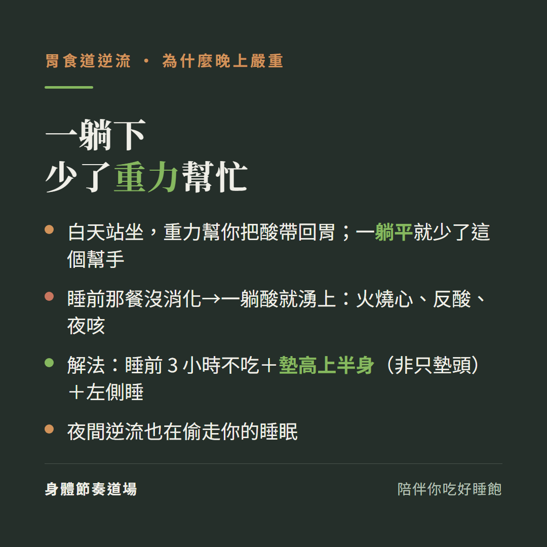 胃食道逆流一躺下少了重力幫忙:白天站坐重力幫你把酸帶回胃一躺平就少了這個幫手、睡前那餐沒消化一躺酸就湧上火燒心反酸夜咳、解法睡前三小時不吃加墊高上半身非只墊頭加左側睡、夜間逆流也在偷走你的睡眠