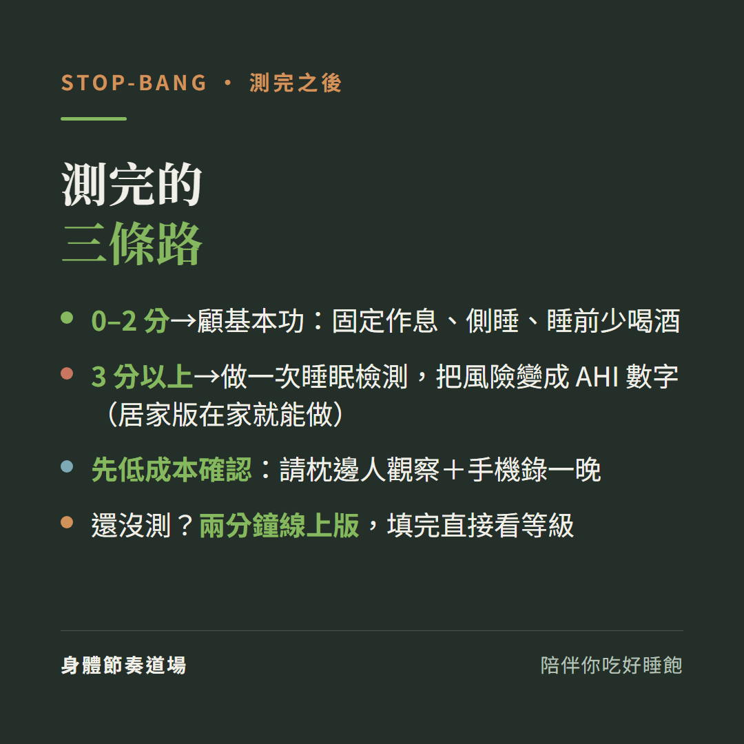 STOP-BANG測完三條路:0到2分顧基本功固定作息側睡睡前少喝酒、3分以上做一次睡眠檢測把風險變成AHI數字居家版在家就能做、先低成本確認請枕邊人觀察加手機錄一晚;還沒測有兩分鐘線上版