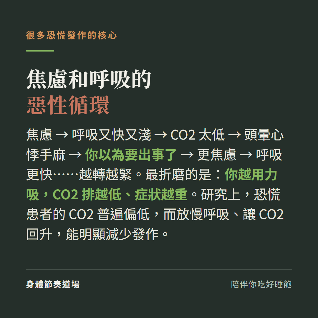 焦慮和呼吸的惡性循環很多恐慌發作的核心:焦慮呼吸又快又淺CO2太低頭暈心悸手麻你以為要出事更焦慮呼吸更快越轉越緊,最折磨的是你越用力吸CO2排越低症狀越重,研究上恐慌患者CO2普遍偏低放慢呼吸讓CO2回升能明顯減少發作