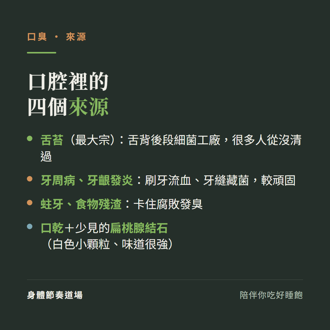 口臭口腔裡的四個來源:舌苔最大宗舌背後段細菌工廠很多人從沒清過、牙周病牙齦發炎刷牙流血牙縫藏菌較頑固、蛀牙食物殘渣卡住腐敗發臭、口乾加少見的扁桃腺結石白色小顆粒味道很強