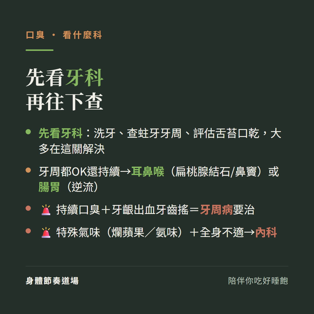 口臭先看牙科再往下查:先看牙科洗牙查蛀牙牙周評估舌苔口乾大多在這關解決、牙周都OK還持續轉耳鼻喉扁桃腺結石鼻竇或腸胃逆流、持續口臭加牙齦出血牙齒搖等於牙周病要治、特殊氣味爛蘋果氨味加全身不適看內科