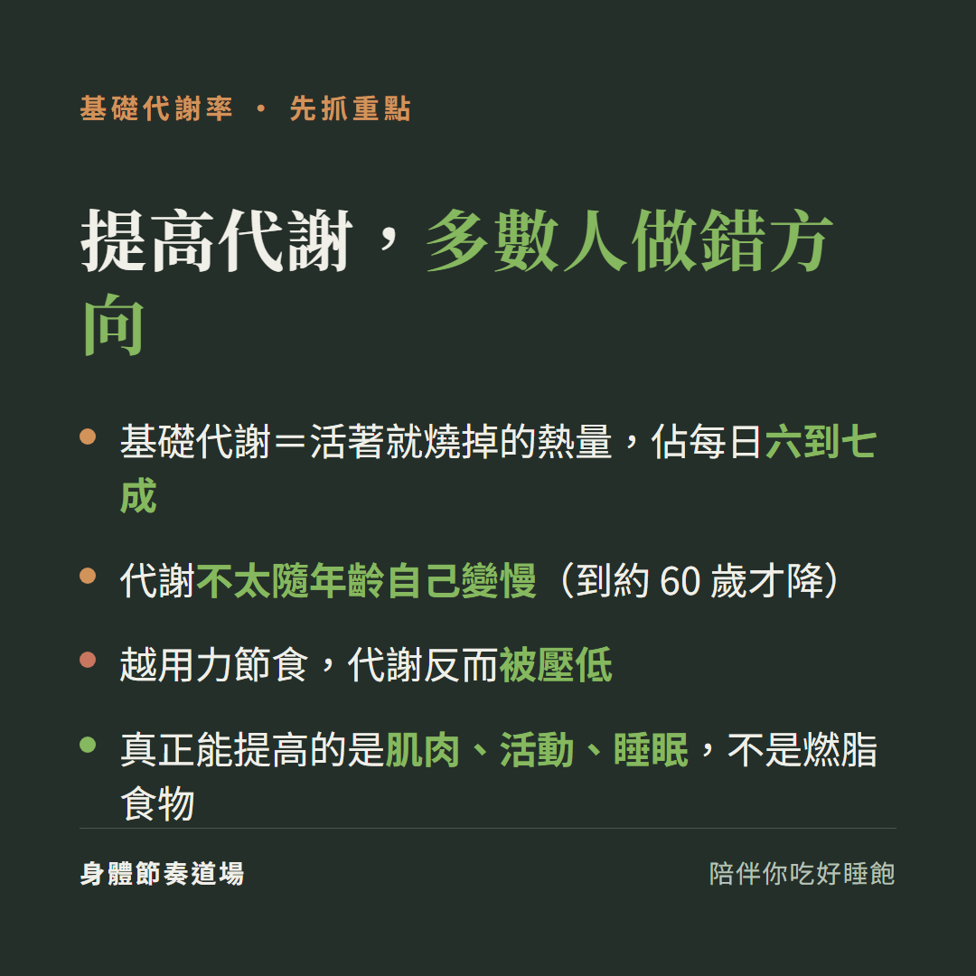 基礎代謝率重點:基礎代謝佔每日六到七成、代謝不太隨年齡變慢、越節食代謝越低、真正提高靠肌肉活動睡眠不是燃脂食物