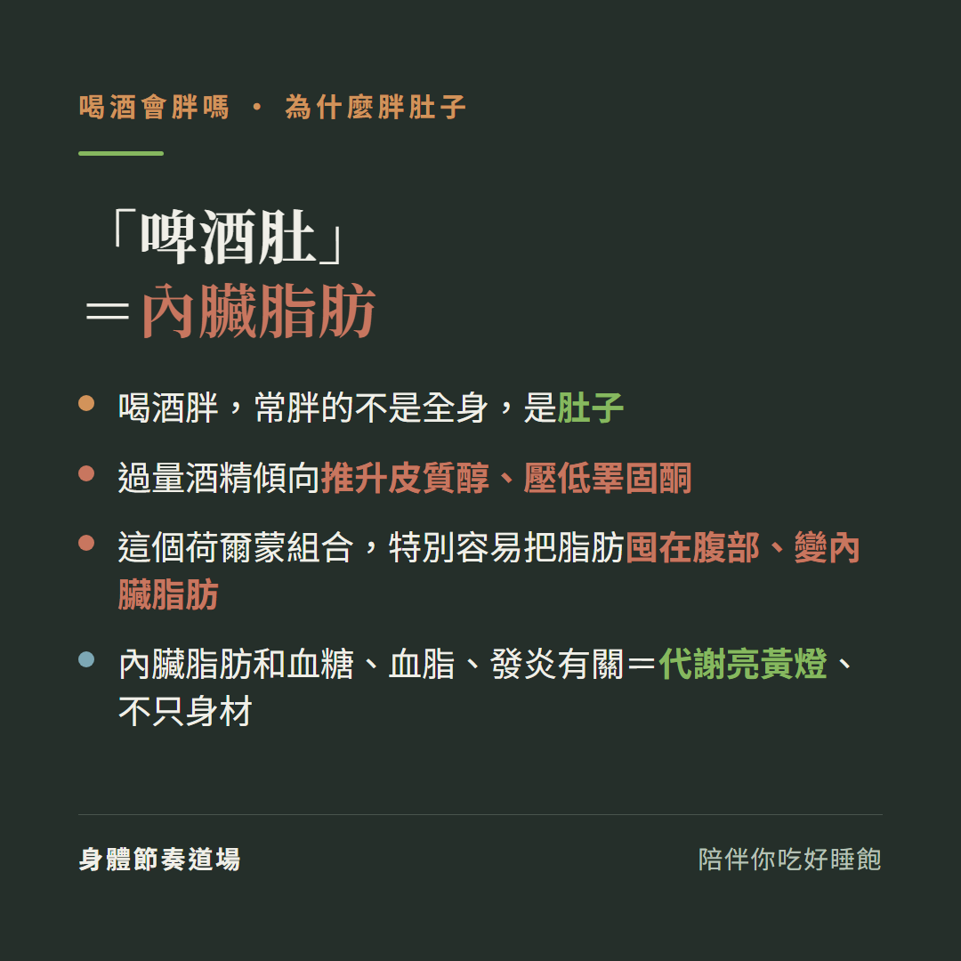 啤酒肚等於內臟脂肪:喝酒胖常胖的不是全身是肚子、過量酒精傾向推升皮質醇壓低睪固酮、這個荷爾蒙組合特別容易把脂肪囤在腹部變內臟脂肪、內臟脂肪和血糖血脂發炎有關等於代謝亮黃燈不只身材