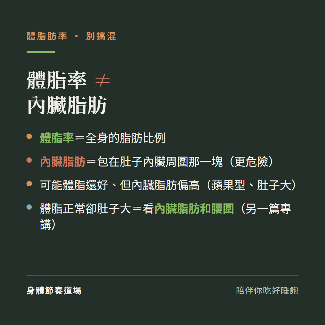 體脂率不等於內臟脂肪:體脂率等於全身的脂肪比例、內臟脂肪等於包在肚子內臟周圍那一塊更危險、可能體脂還好但內臟脂肪偏高蘋果型肚子大、體脂正常卻肚子大要看內臟脂肪和腰圍另一篇專講