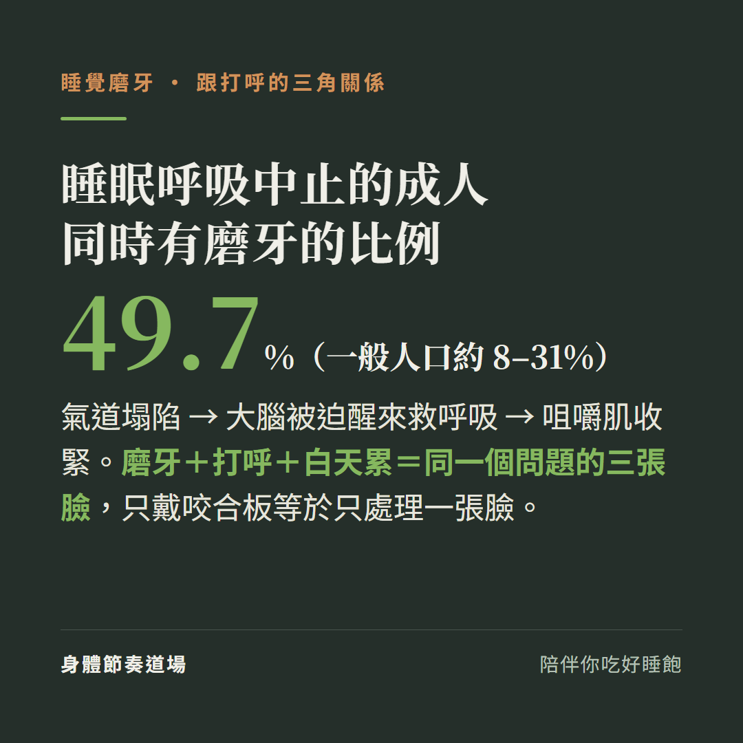 睡眠呼吸中止成人同時有磨牙的比例49.7%(一般人口約8到31%):氣道塌陷大腦被迫醒來救呼吸咀嚼肌收緊;磨牙加打呼加白天累是同一個問題的三張臉只戴咬合板等於只處理一張臉