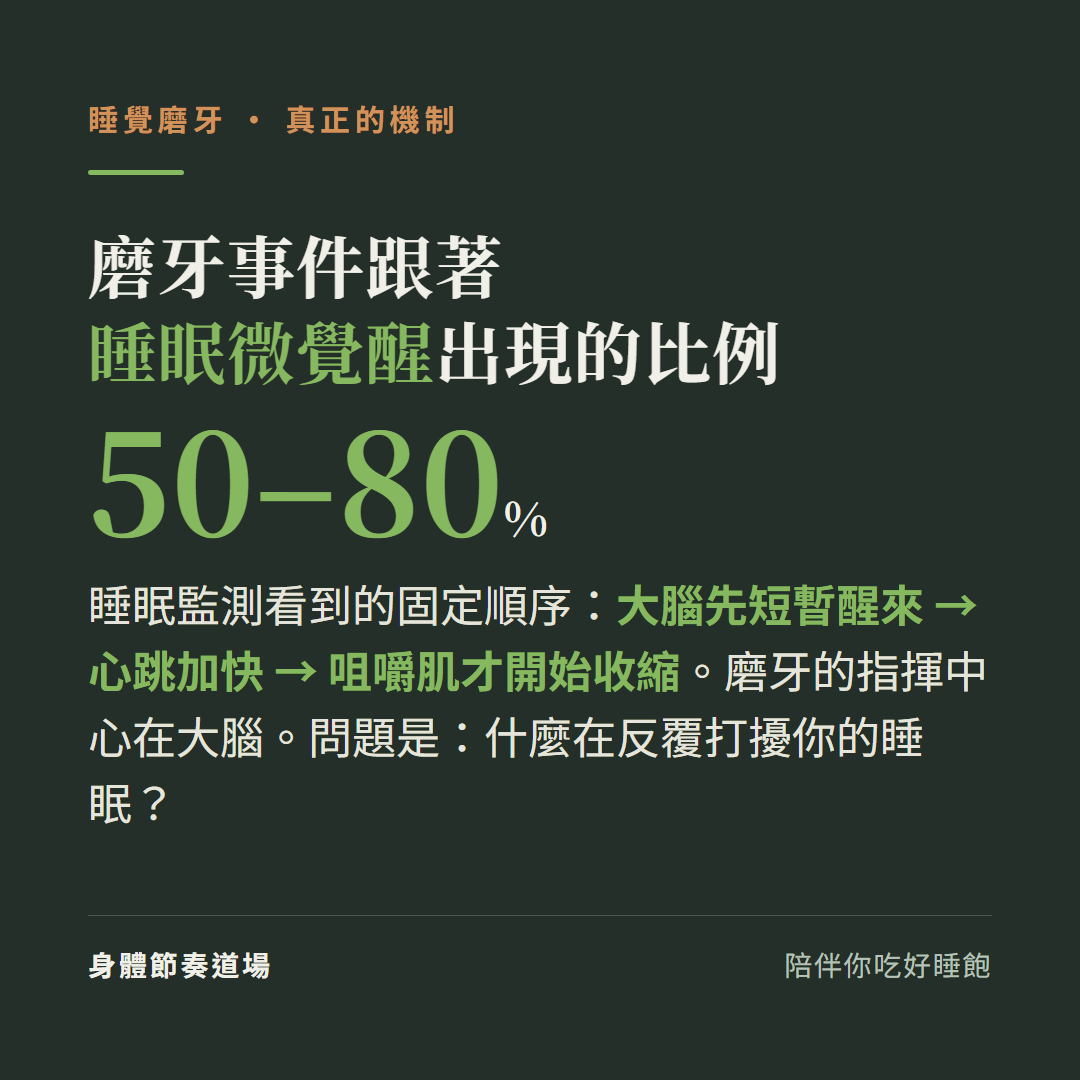 磨牙事件50到80%跟著睡眠微覺醒出現:睡眠監測的固定順序是大腦先短暫醒來心跳加快咀嚼肌才收縮,磨牙指揮中心在大腦,問題是什麼在反覆打擾睡眠