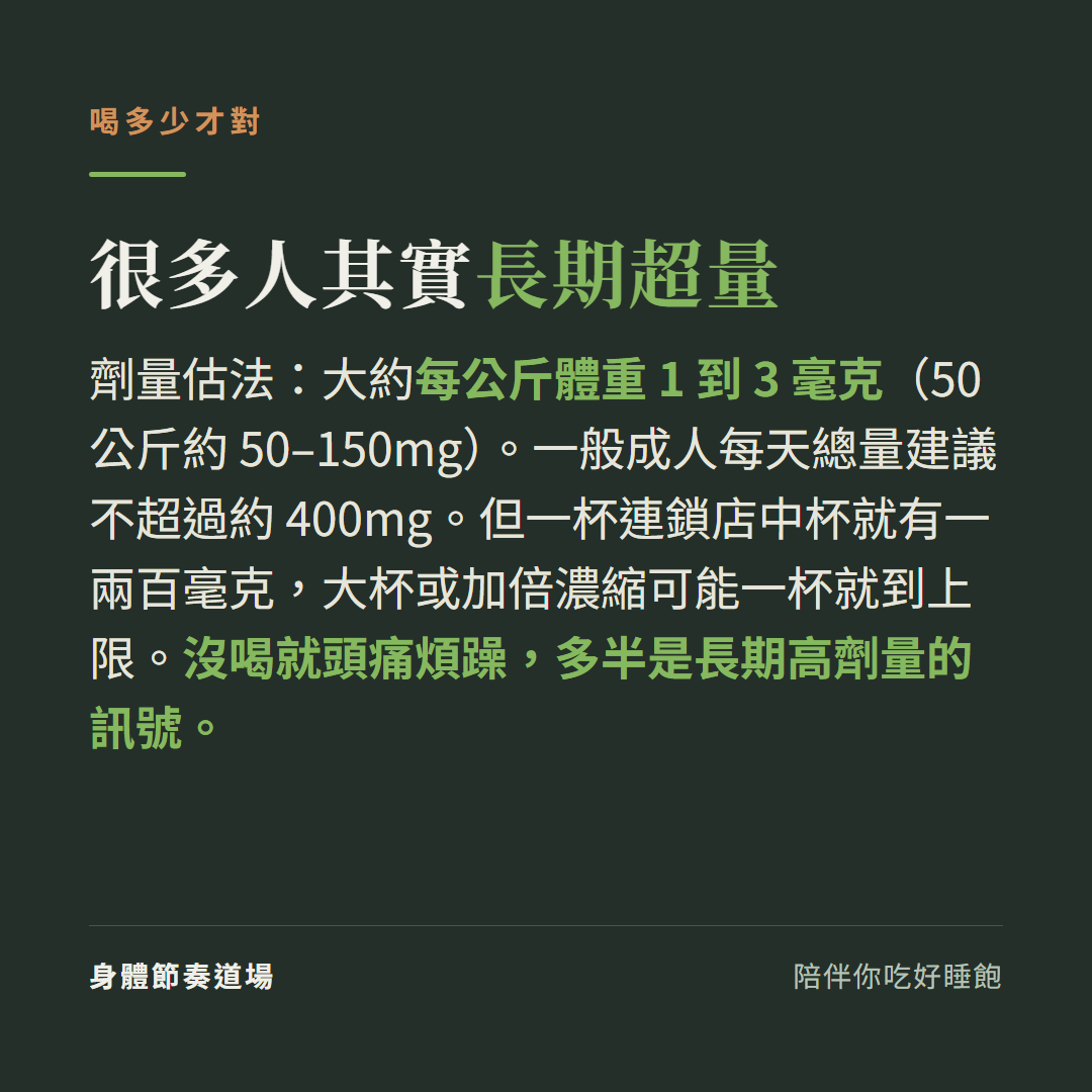 咖啡因劑量每公斤體重1到3毫克、每日上限約400mg,很多商業咖啡其實一杯就超量