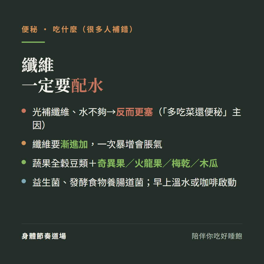 便秘吃什麼纖維一定要配水:光補纖維水不夠反而更塞是多吃菜還便秘主因、纖維要漸進加一次暴增會脹氣、蔬果全穀豆類加奇異果火龍果梅乾木瓜、益生菌發酵食物養腸道菌早上溫水或咖啡啟動