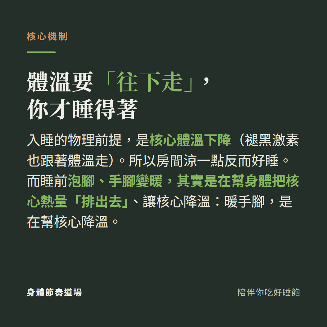體溫要往下走你才睡得著:入睡的物理前提是核心體溫下降褪黑激素也跟著體溫走所以房間涼一點反而好睡,睡前泡腳手腳變暖其實是在幫身體把核心熱量排出去讓核心降溫