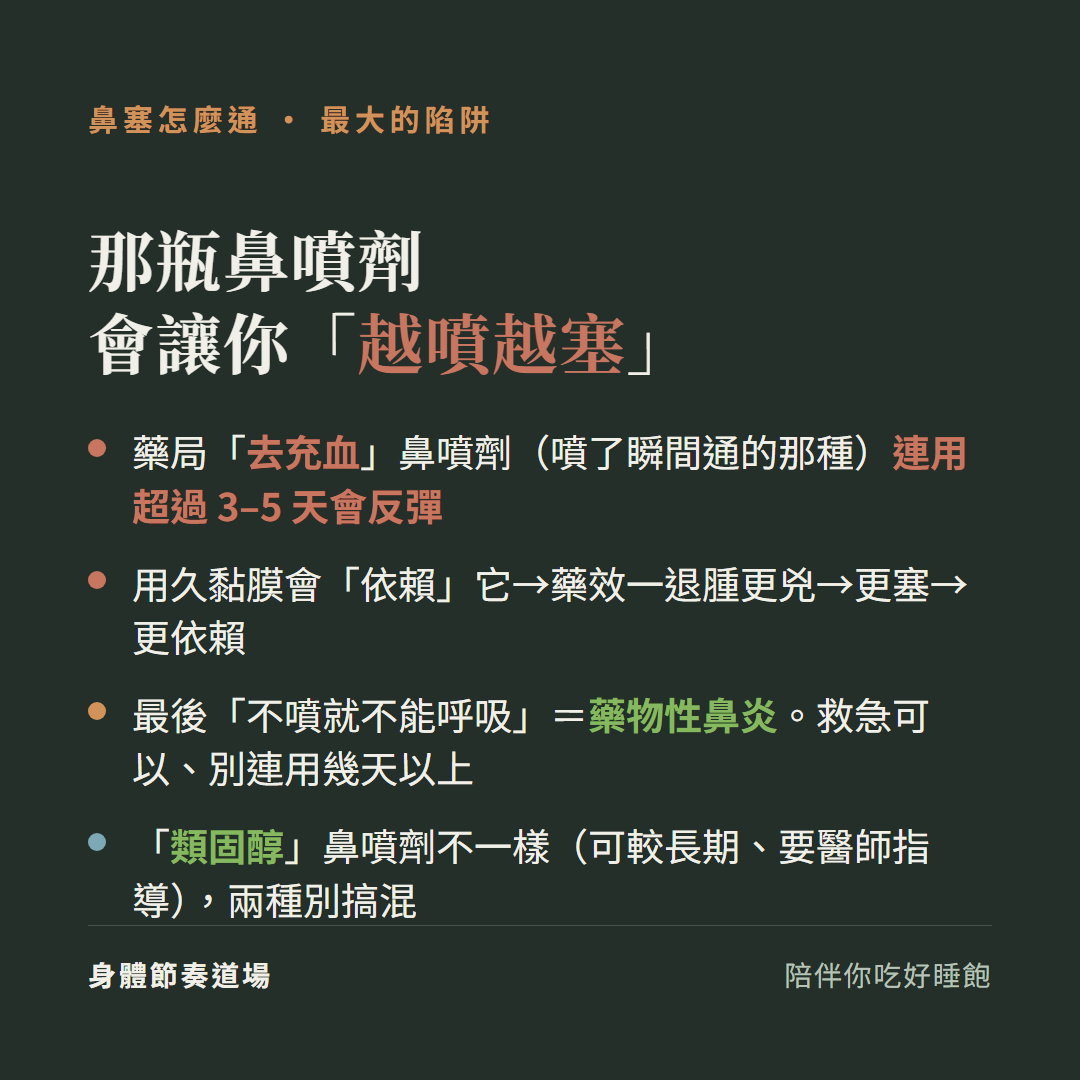 鼻塞最大的陷阱那瓶鼻噴劑會讓你越噴越塞:藥局去充血鼻噴劑噴了瞬間通的那種連用超過3到5天會反彈、用久黏膜會依賴它藥效一退腫更兇更塞更依賴、最後不噴就不能呼吸等於藥物性鼻炎救急可以別連用幾天以上、類固醇鼻噴劑不一樣可較長期要醫師指導兩種別搞混