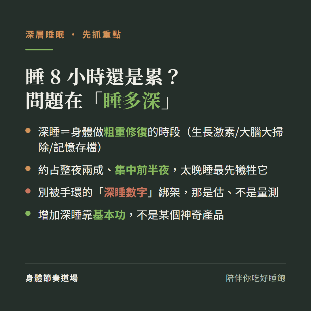 深層睡眠重點睡8小時還是累問題在睡多深:深睡等於身體做粗重修復的時段生長激素大腦大掃除記憶存檔、約占整夜兩成集中前半夜太晚睡最先犧牲它、別被手環的深睡數字綁架那是估不是量測、增加深睡靠基本功不是某個神奇產品