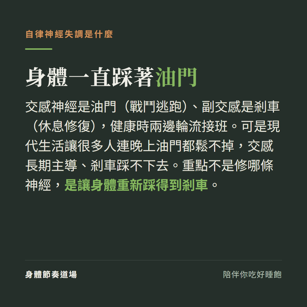 自律神經失調像身體一直踩著油門:交感是油門副交感是剎車,現代生活讓剎車踩不下去