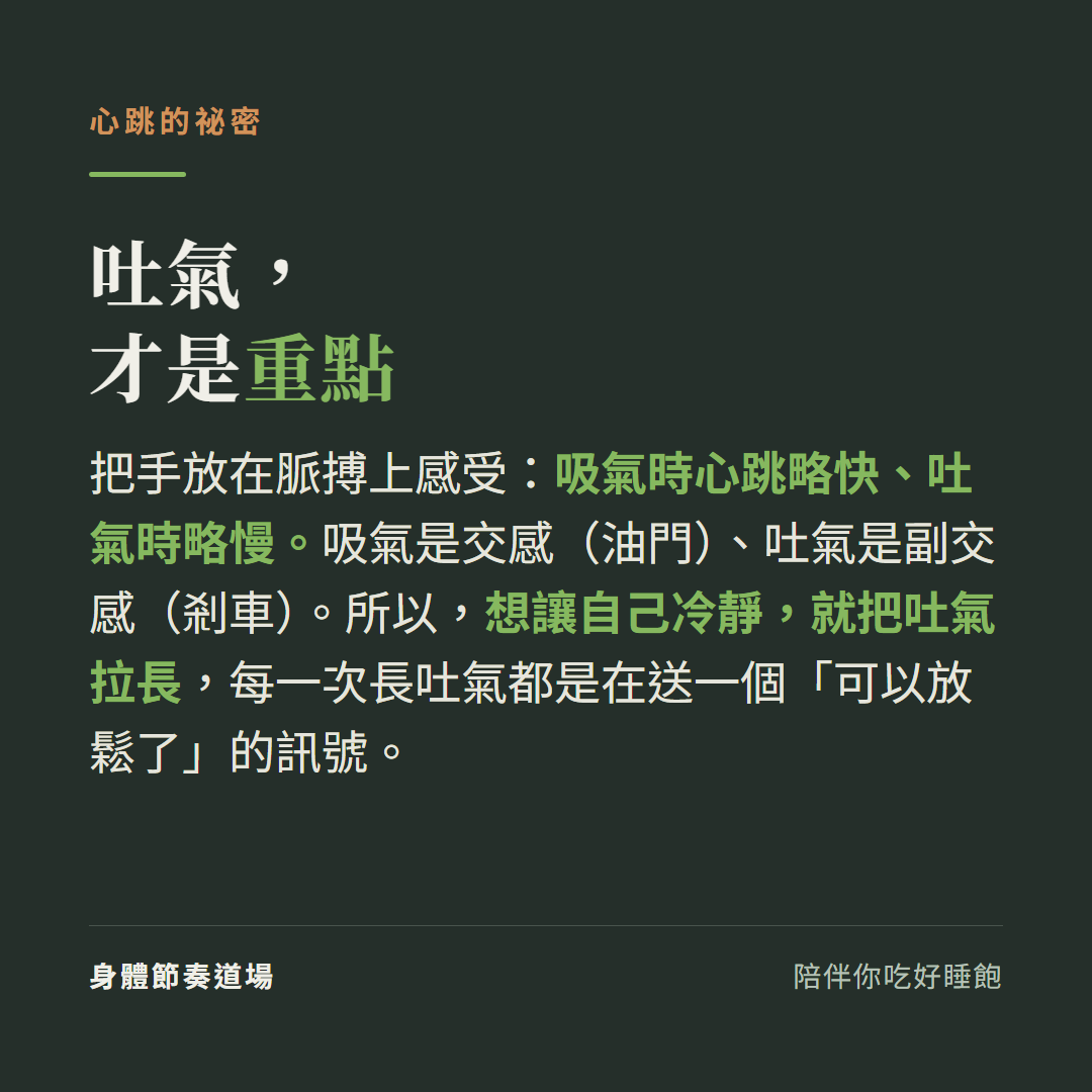 吐氣才是重點:把手放脈搏上會發現吸氣時心跳略快、吐氣時略慢,吸氣是交感吐氣是副交感,想讓自己冷靜就把吐氣拉長,每次長吐氣都送一個放鬆訊號