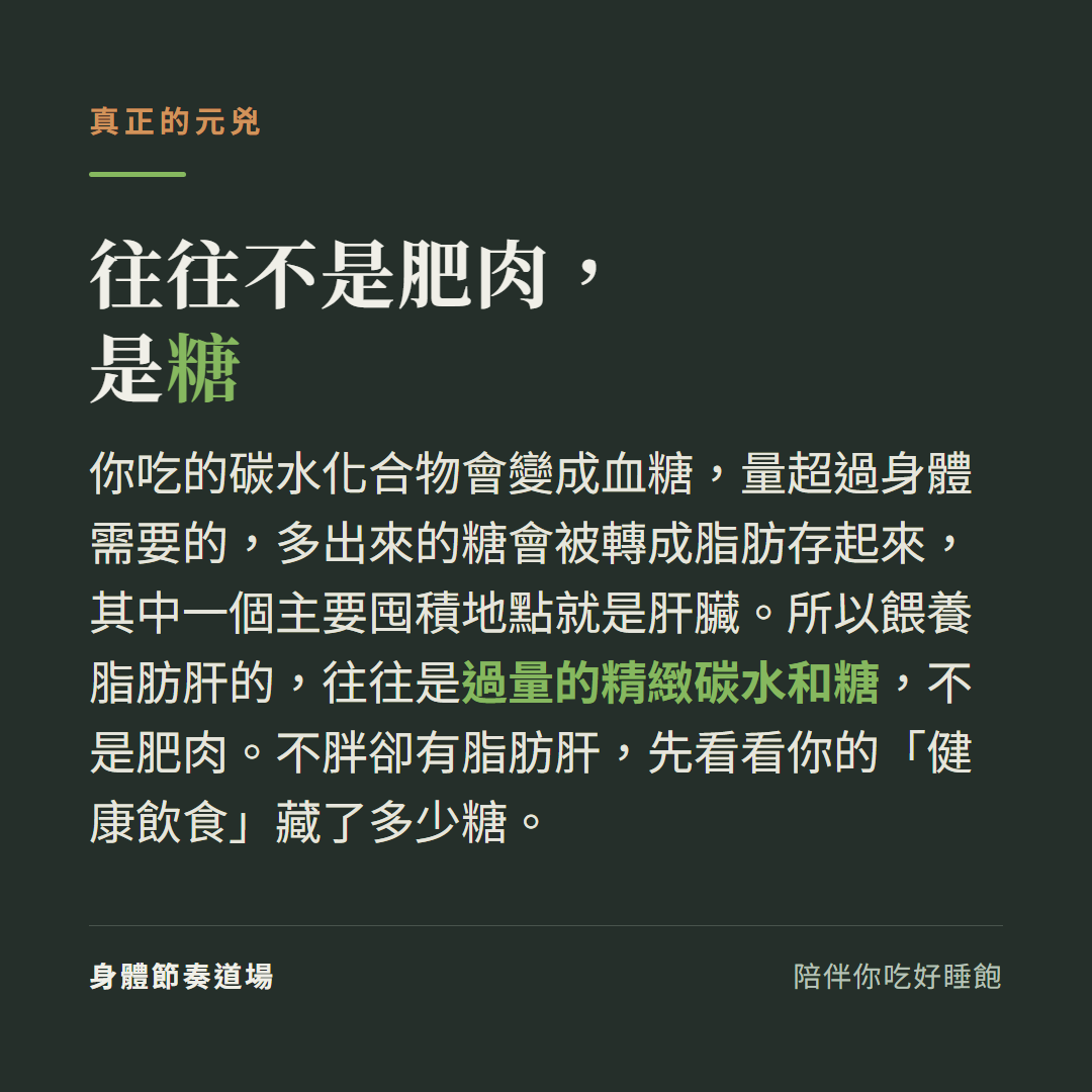 餵養脂肪肝的往往是過量精緻碳水和糖、不是肥肉,多餘的糖被身體轉成脂肪囤進肝臟