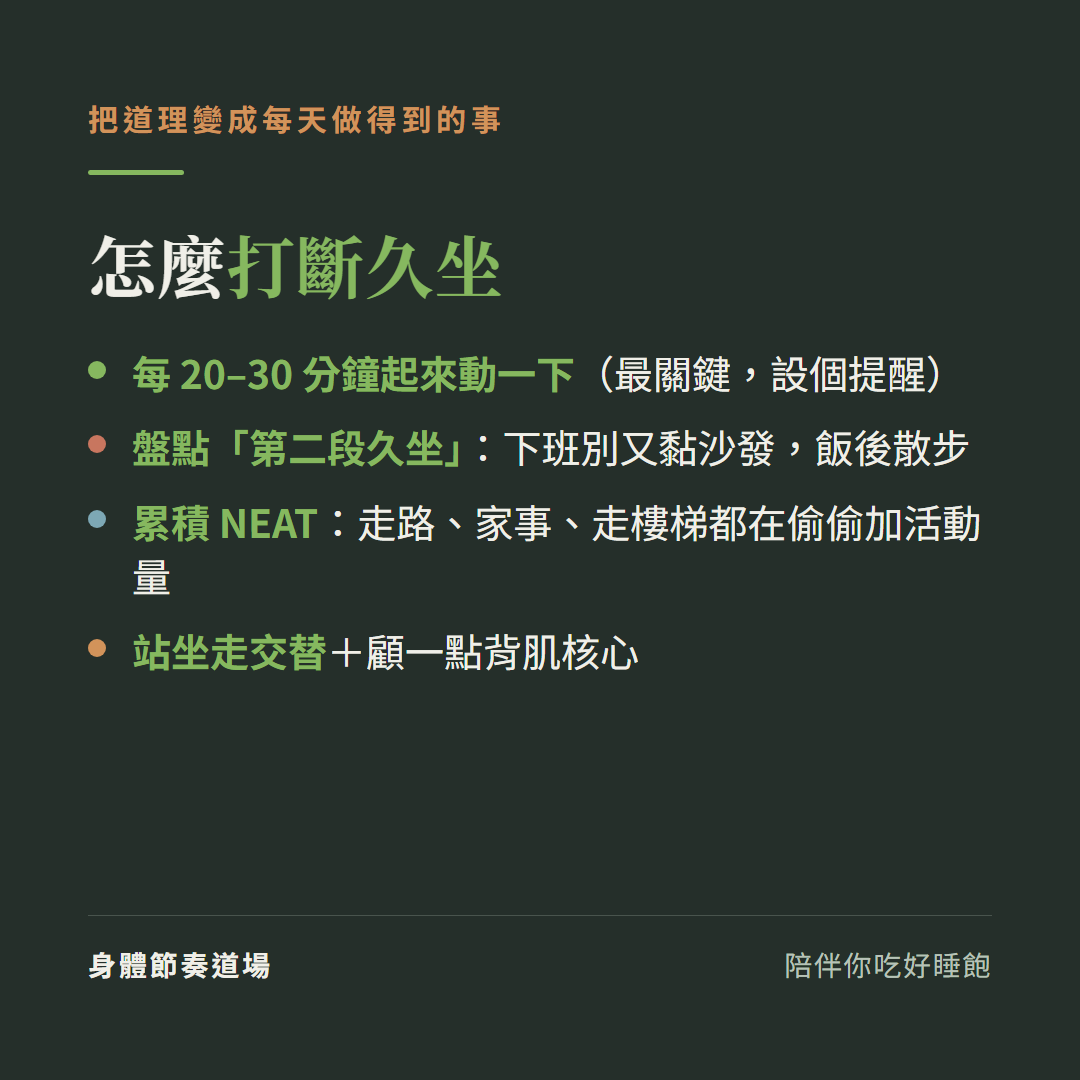 久坐怎麼辦累積活動加打斷久坐:每20到30分鐘起來動一下最關鍵設個提醒、盤點第二段久坐下班別又黏沙發飯後散步、累積NEAT走路家事走樓梯都在偷偷加活動量、站坐走交替加顧一點背肌核心