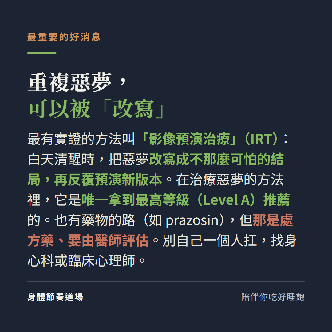 重複惡夢可以被改寫:最有實證的方法叫影像預演治療IRT白天清醒時把惡夢改寫成不那麼可怕的結局再反覆預演新版本在治療惡夢的方法裡它是唯一拿到最高等級Level A推薦的,也有藥物的路如prazosin但那是處方藥要由醫師評估別自己一個人扛找身心科或臨床心理師