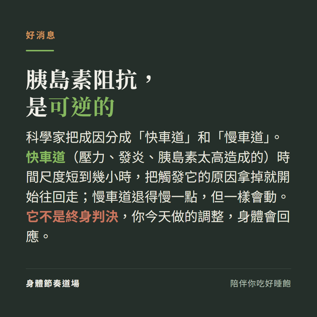 胰島素阻抗是可逆的:成因分快車道(壓力發炎胰島素過高、時間尺度幾小時、把觸發原因拿掉就往回走)和慢車道(退得慢但會動),不是終身判決,今天做的調整身體會回應