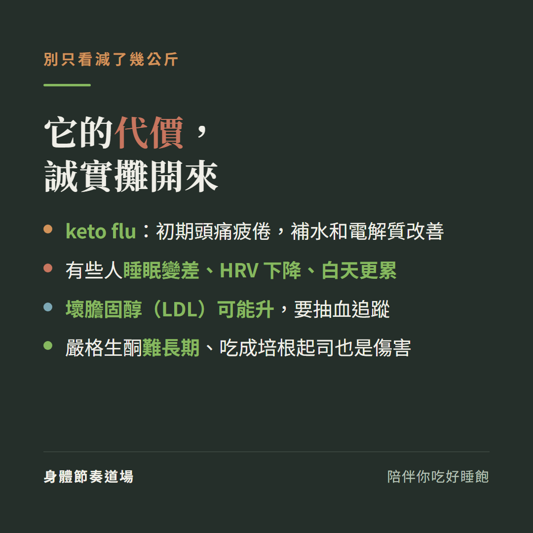生酮的代價誠實攤開別只看減了幾公斤:keto flu初期頭痛疲倦補水和電解質改善、有些人睡眠變差HRV下降白天更累、壞膽固醇LDL可能升要抽血追蹤、嚴格生酮難長期吃成培根起司也是傷害