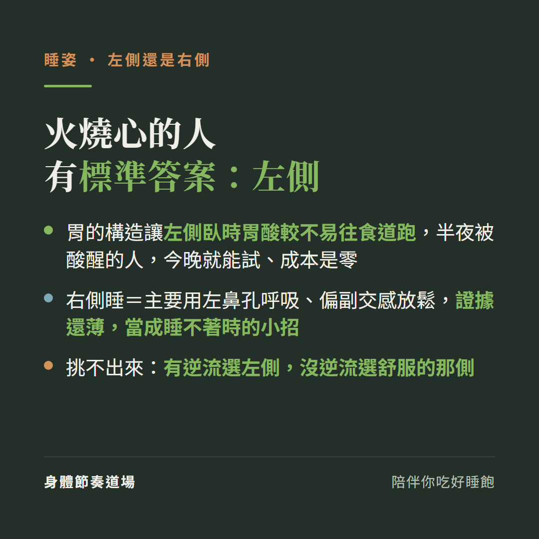 火燒心的人左側睡是標準答案:胃的構造讓左側臥時胃酸較不易往食道跑今晚就能試成本是零;右側睡主要用左鼻孔呼吸偏副交感放鬆證據還薄當小招;有逆流選左側沒逆流選舒服的那側