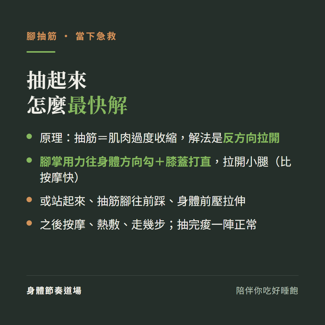 腳抽筋抽起來怎麼最快解:原理抽筋等於肌肉過度收縮解法是反方向拉開、腳掌用力往身體方向勾加膝蓋打直拉開小腿比按摩快、或站起來抽筋腳往前踩身體前壓拉伸、之後按摩熱敷走幾步抽完痠一陣正常