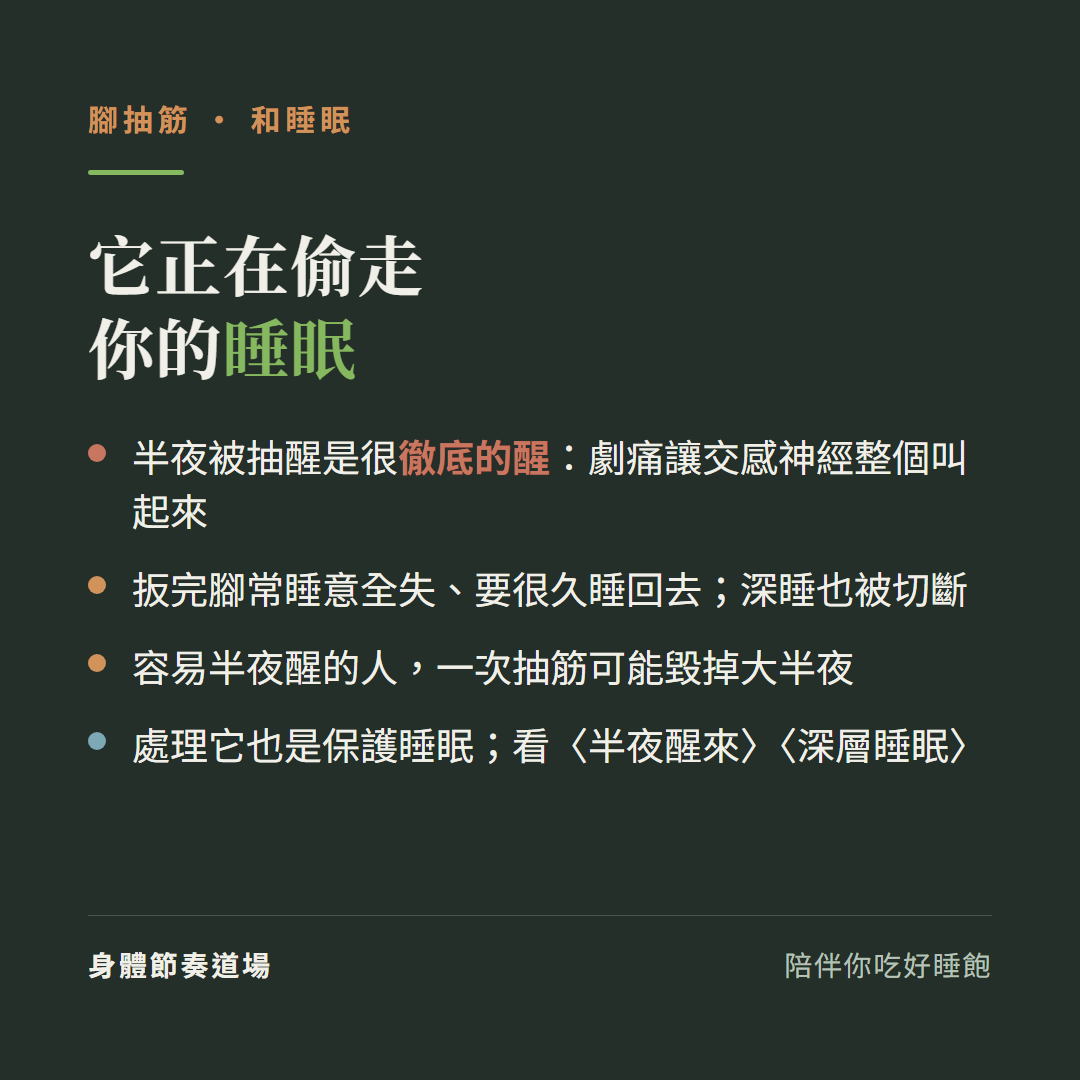 腳抽筋正在偷走你的睡眠:半夜被抽醒是很徹底的醒劇痛讓交感神經整個叫起來、扳完腳常睡意全失要很久睡回去深睡也被切斷、容易半夜醒的人一次抽筋可能毀掉大半夜、處理它也是保護睡眠看半夜醒來看深層睡眠