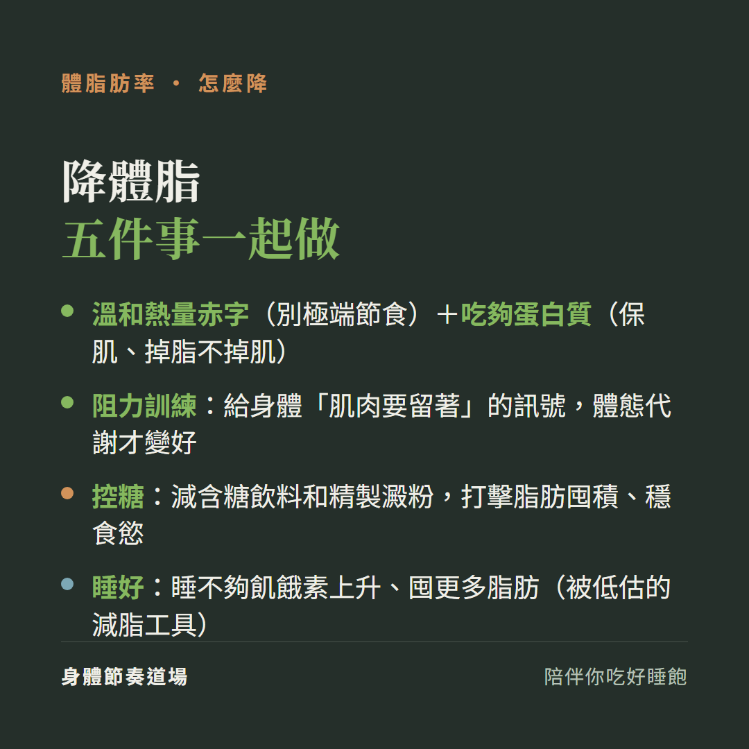 降體脂五件事一起做:溫和熱量赤字別極端節食加吃夠蛋白質保肌掉脂不掉肌、阻力訓練給身體肌肉要留著的訊號體態代謝才變好、控糖減含糖飲料和精製澱粉打擊脂肪囤積穩食慾、睡好睡不夠飢餓素上升囤更多脂肪被低估的減脂工具