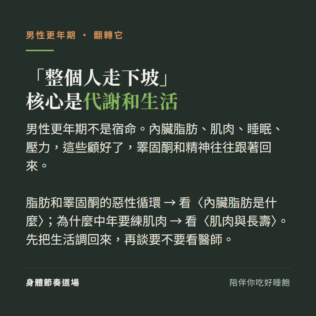 男性更年期整個人走下坡核心是代謝和生活:男性更年期不是宿命內臟脂肪肌肉睡眠壓力顧好睪固酮和精神往往跟著回來、脂肪和睪固酮的惡性循環看內臟脂肪是什麼、為什麼中年要練肌肉看肌肉與長壽、先把生活調回來再談要不要看醫師
