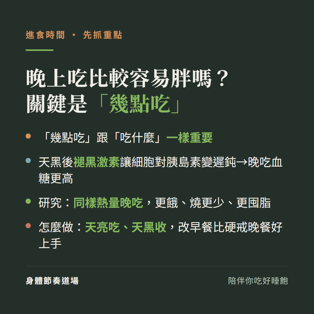 晚上吃比較容易胖嗎關鍵是幾點吃:幾點吃跟吃什麼一樣重要、天黑後褪黑激素讓細胞對胰島素變遲鈍晚吃血糖更高、研究同樣熱量晚吃更餓燒更少更囤脂、怎麼做天亮吃天黑收改早餐比硬戒晚餐好上手