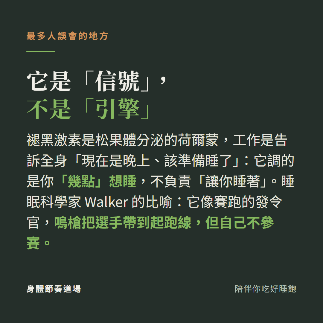 褪黑激素是信號不是引擎:松果體分泌、告訴身體現在是晚上該準備睡,調的是幾點想睡不負責讓你睡著;像賽跑發令官鳴槍把選手帶到起跑線但自己不參賽(Walker)