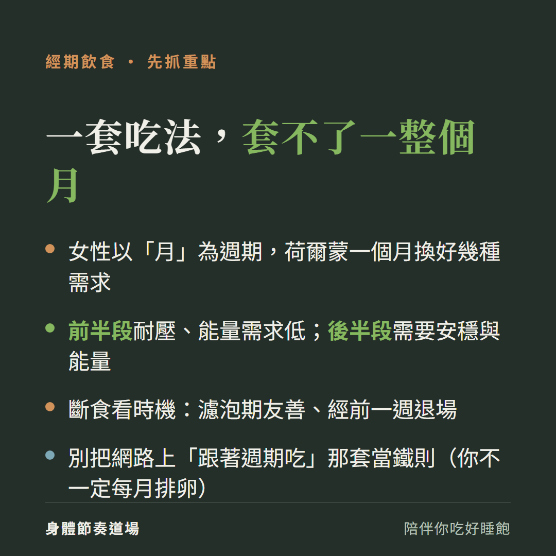 經期飲食重點:女性以月為週期、荷爾蒙一個月換好幾種需求;前半段耐壓能量低、後半段需要安穩與能量;斷食看時機;別把「跟著週期吃」當鐵則