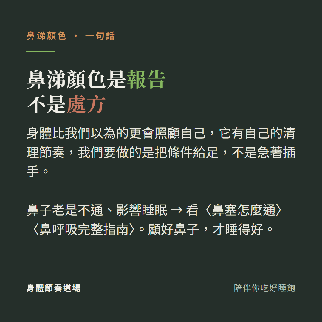 鼻涕顏色是報告不是處方:身體比我們以為的更會照顧自己它有自己的清理節奏我們要做的是把條件給足不是急著插手、鼻子老是不通影響睡眠看鼻塞怎麼通看鼻呼吸完整指南、顧好鼻子才睡得好