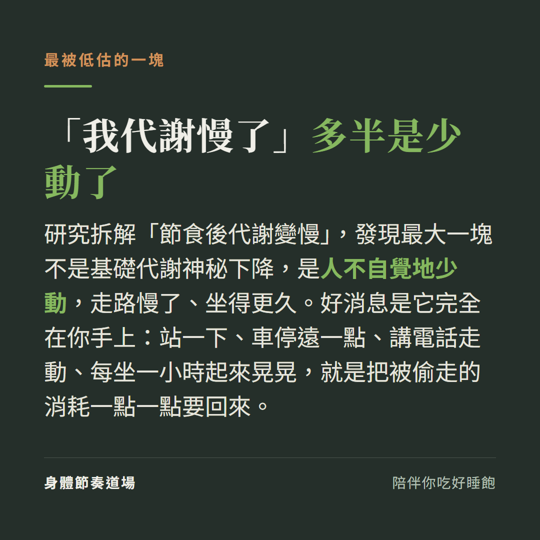 我代謝慢了多半是少動了:節食後代謝變慢最大一塊是 NEAT 非運動活動下降,站一下走動就能要回來