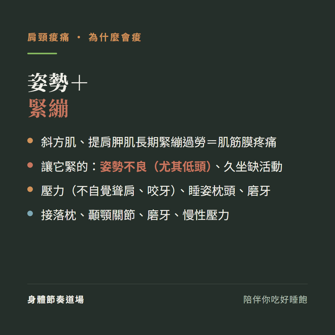 肩頸痠痛姿勢加緊繃:斜方肌提肩胛肌長期緊繃過勞等於肌筋膜疼痛、讓它緊的姿勢不良尤其低頭久坐缺活動、壓力不自覺聳肩咬牙睡姿枕頭磨牙、接落枕顳顎關節磨牙慢性壓力