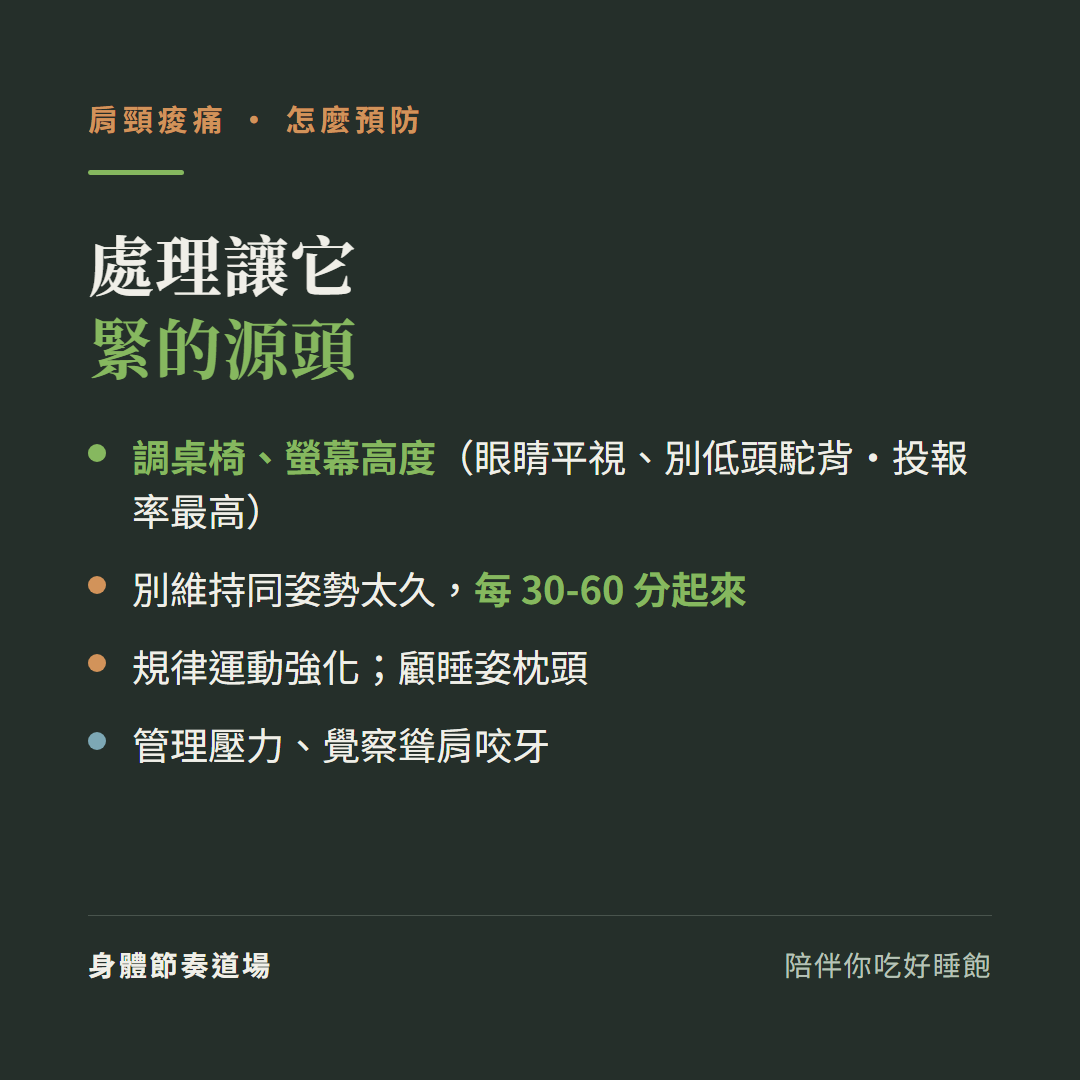 肩頸痠痛處理讓它緊的源頭:調桌椅螢幕高度眼睛平視別低頭駝背投報率最高、別維持同姿勢太久每30到60分起來、規律運動強化顧睡姿枕頭、管理壓力覺察聳肩咬牙