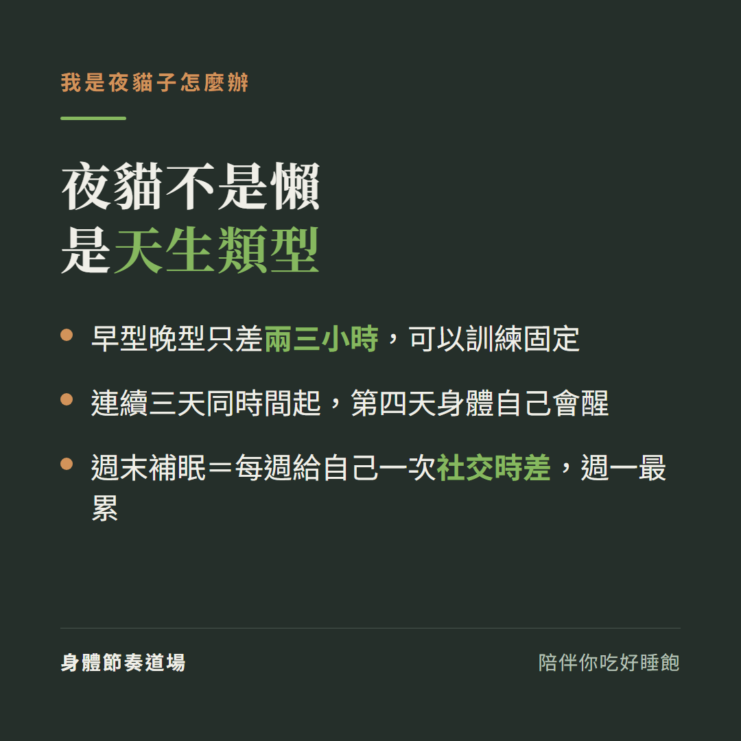夜貓子不是懶是天生類型,早晚型只差兩三小時可訓練;週末補眠等於社交時差