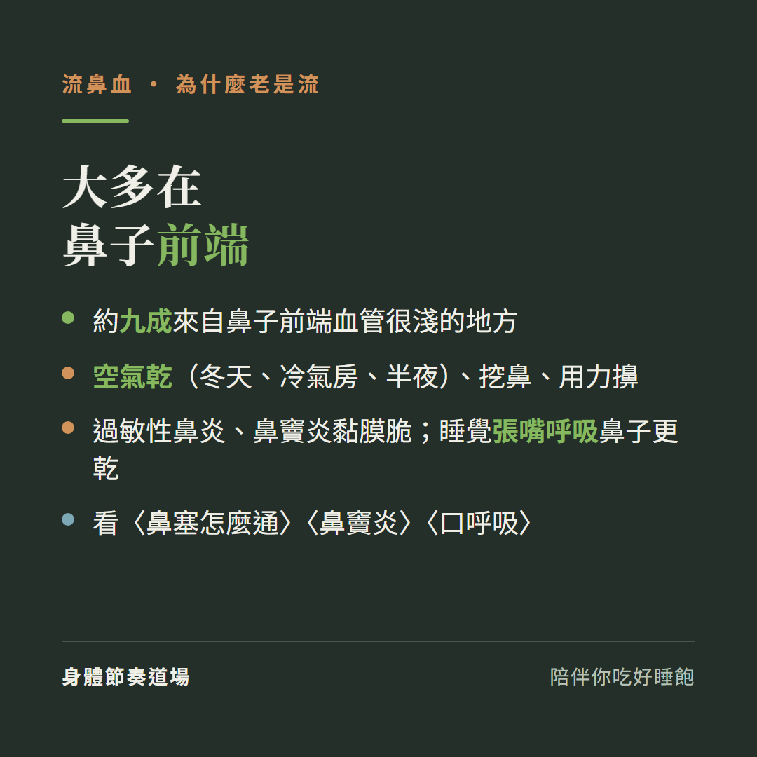 流鼻血為什麼老是流大多在鼻子前端:約九成來自鼻子前端血管很淺的地方、空氣乾冬天冷氣房半夜挖鼻用力擤、過敏性鼻炎鼻竇炎黏膜脆睡覺張嘴呼吸鼻子更乾、看鼻塞怎麼通鼻竇炎口呼吸