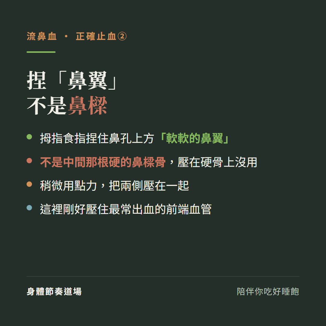 流鼻血要捏鼻翼不是鼻樑:拇指食指捏住鼻孔上方軟軟的鼻翼、不是中間那根硬的鼻樑骨壓在硬骨上沒用、稍微用點力把兩側壓在一起、剛好壓住最常出血的前端血管