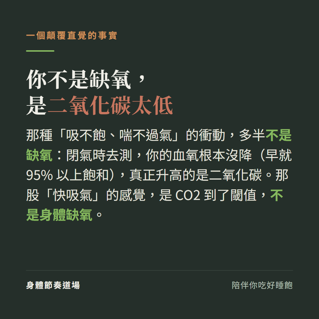 你不是缺氧是二氧化碳太低:那種吸不飽喘不過氣的衝動多半不是缺氧,閉氣時去測血氧根本沒降早就95%以上飽和真正升高的是二氧化碳,那股快吸氣的感覺是CO2到了閾值不是身體缺氧