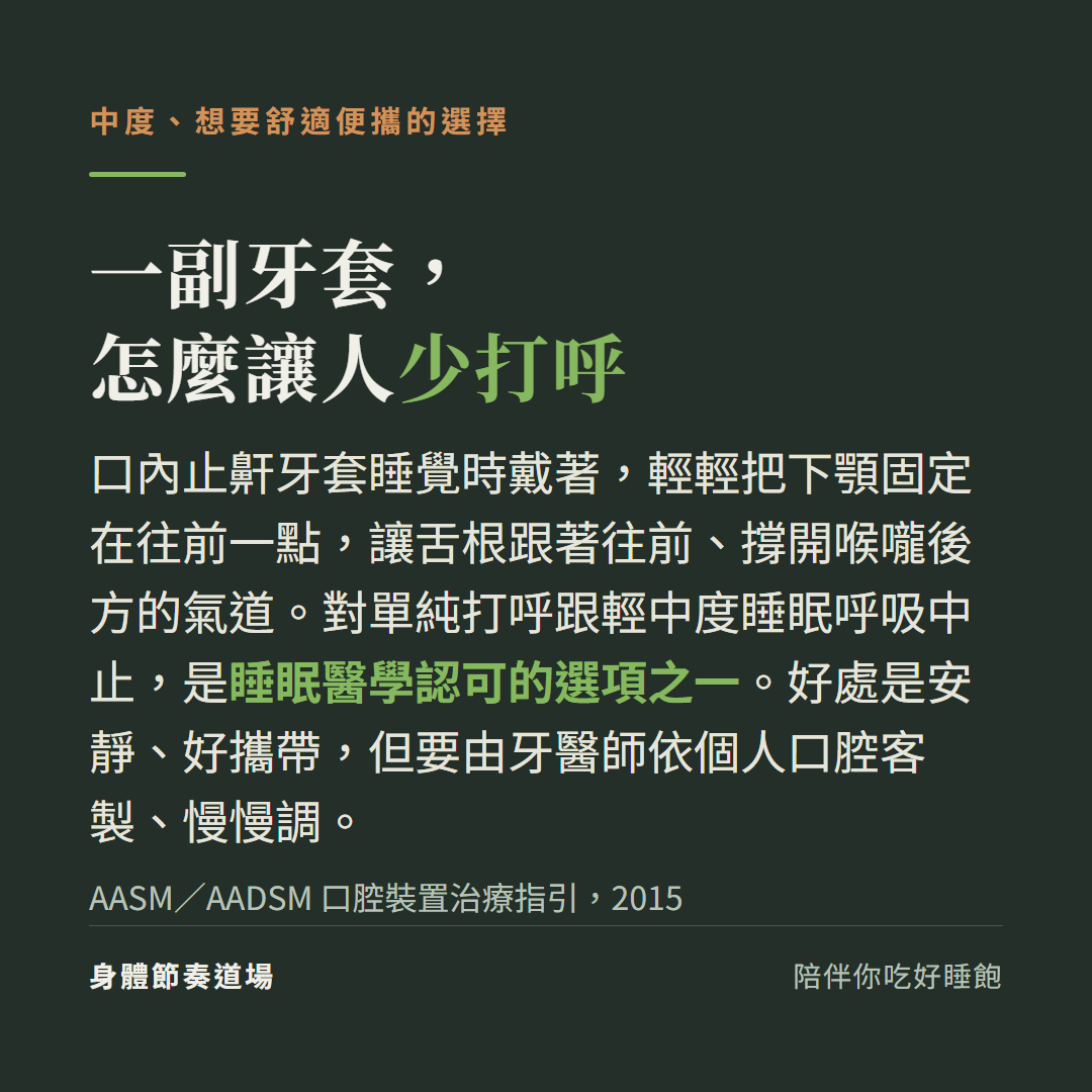 口內止鼾牙套怎麼讓人少打呼:睡覺戴著把下顎固定往前讓舌根前移撐開喉嚨後方氣道,對單純打呼與輕中度睡眠呼吸中止是睡眠醫學認可選項,安靜好攜帶但要牙醫師客製(AASM/AADSM 2015 指引)
