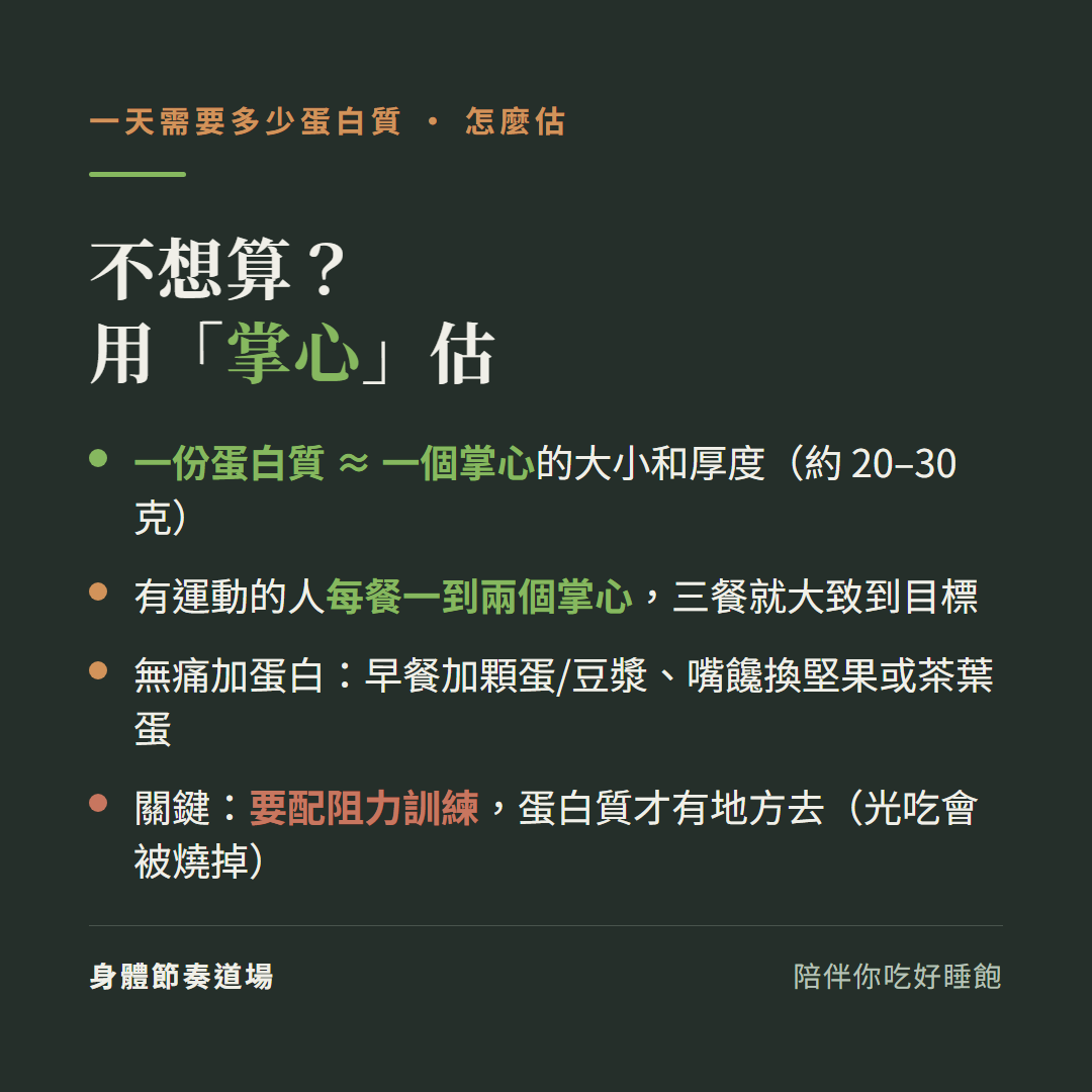 蛋白質不想算用掌心估:一份蛋白質約一個掌心的大小和厚度約20到30克、有運動的人每餐一到兩個掌心三餐就大致到目標、無痛加蛋白早餐加顆蛋豆漿嘴饞換堅果或茶葉蛋、關鍵要配阻力訓練蛋白質才有地方去光吃會被燒掉
