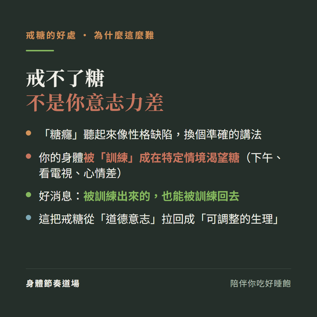戒不了糖不是你意志力差:糖癮聽起來像性格缺陷換個準確的講法、你的身體被訓練成在特定情境渴望糖下午看電視心情差、好消息被訓練出來的也能被訓練回去、這把戒糖從道德意志拉回成可調整的生理