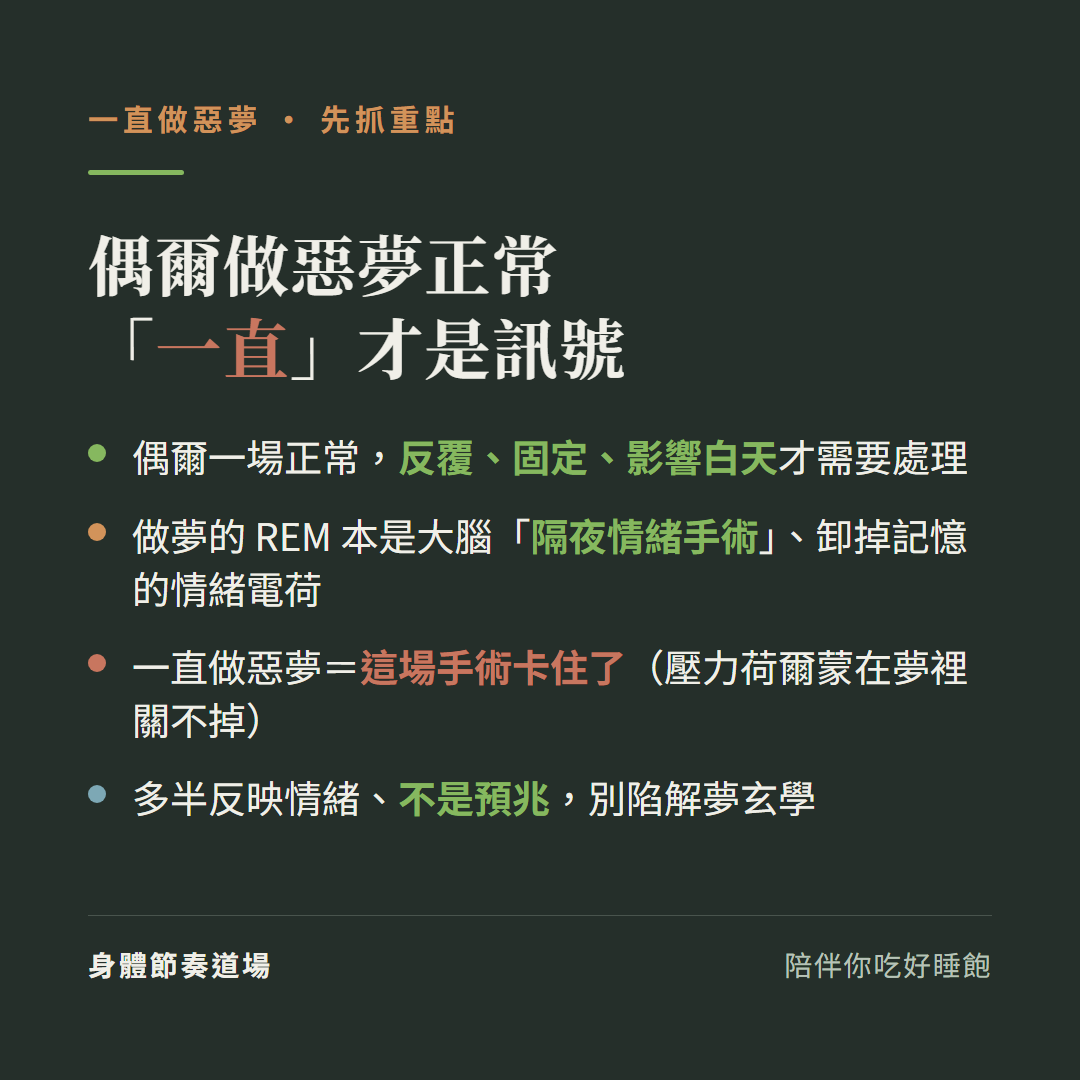 一直做惡夢重點偶爾正常一直才是訊號:偶爾一場正常反覆固定影響白天才需要處理、做夢的REM本是大腦隔夜情緒手術卸掉記憶的情緒電荷、一直做惡夢等於這場手術卡住了壓力荷爾蒙在夢裡關不掉、多半反映情緒不是預兆別陷解夢玄學
