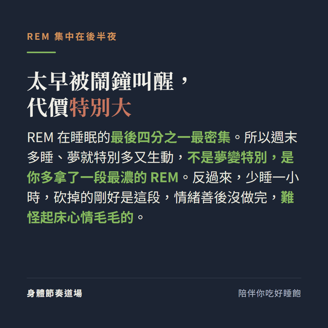 REM集中在後半夜太早被鬧鐘叫醒代價特別大:REM在睡眠的最後四分之一最密集所以週末多睡夢就特別多又生動不是夢變特別是你多拿了一段最濃的REM,反過來少睡一小時砍掉的剛好是這段情緒善後沒做完難怪起床心情毛毛的