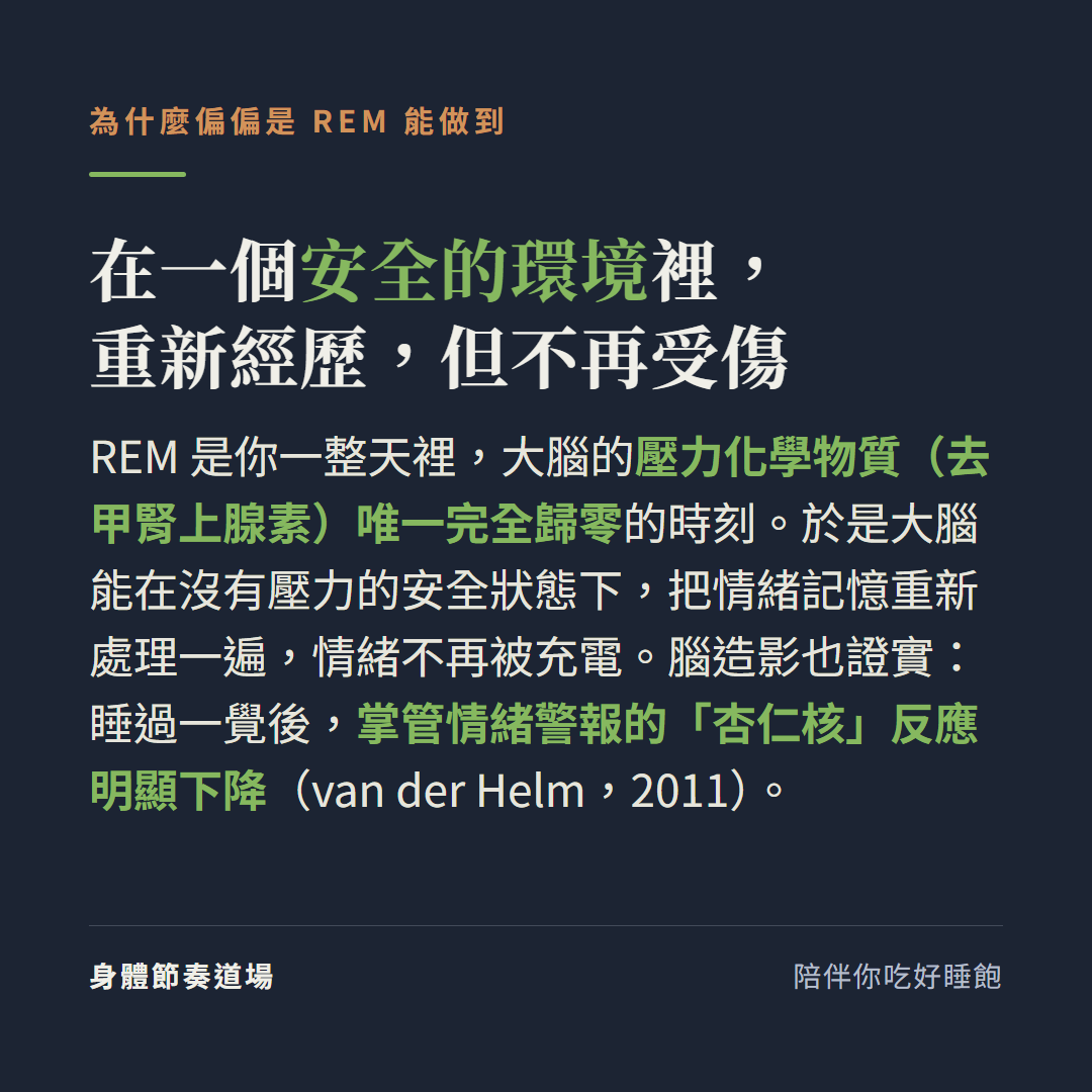 為什麼偏偏是REM能做到在一個安全的環境裡重新經歷但不再受傷:REM是你一整天裡大腦的壓力化學物質去甲腎上腺素唯一完全歸零的時刻於是大腦能在沒有壓力的安全狀態把情緒記憶重新處理一遍,腦造影也證實睡過一覺後掌管情緒警報的杏仁核反應明顯下降van der Helm 2011